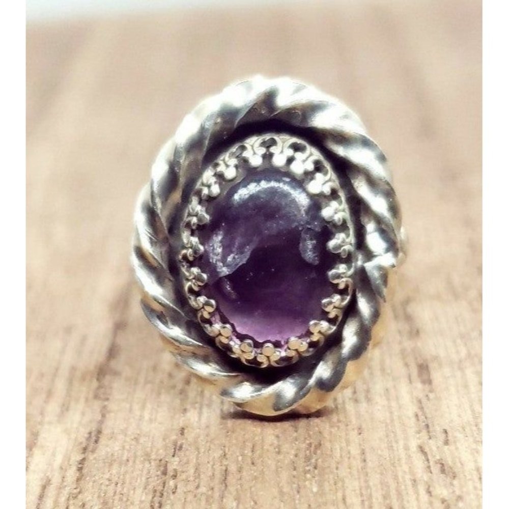 Purple flourite crystal ring 925 sterling silver floral vintage inspired
